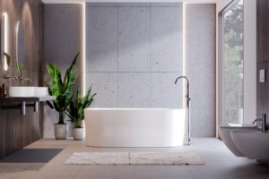 Monumentalny minimalizm w salonie ełazienka24 - konglomeratowa wanna Besco Lova z odlewu mineralnego