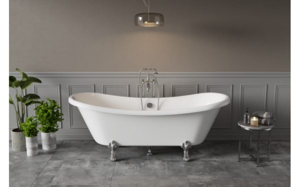 Elegancka biała wanna wolnostojąca Besco Amelia 190x77 na ozdobnych stylizowanych nóżkach w klasycznej łazience.