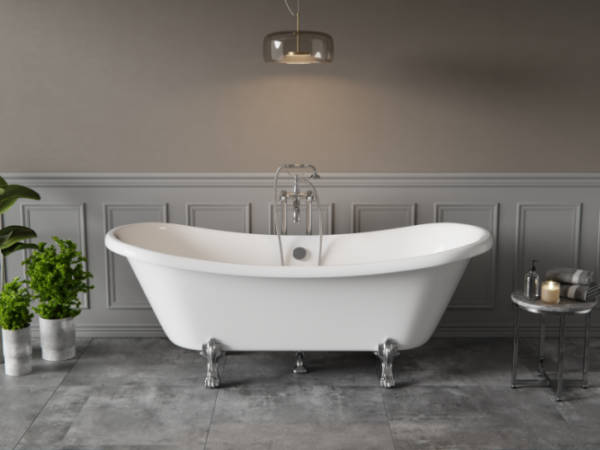 Elegancka biała wanna wolnostojąca Besco Amelia 190x77 na ozdobnych stylizowanych nóżkach w klasycznej łazience.