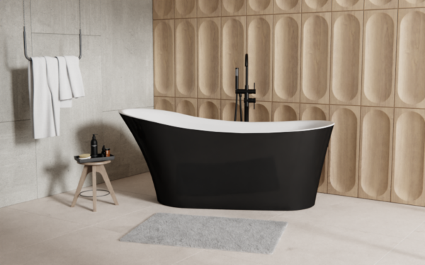 Designerska wanna wolnostojąca owalna Besco Calima Black White czarny mat w luksusowej aranżacji łazienki spa.
