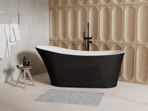 Wanna Wolnostojąca Besco Calima Designerska wanna wolnostojąca owalna Besco Calima Black White czarny mat w luksusowej aranżacji łazienki spa.