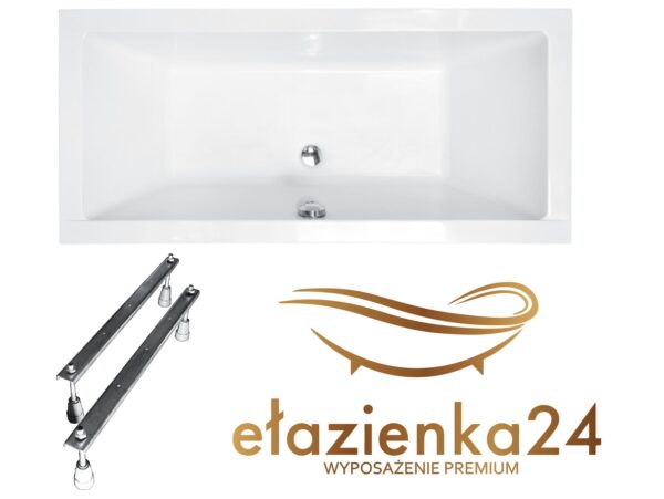 Prostokątna wanna akrylowa z niskim rantem Besco Quadro Slim w zestawie ze stelażem