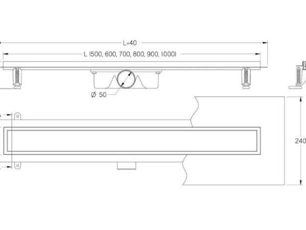 Odpływ Liniowy Vogi ST Czarne szkło Rysunek techniczny klasycznego odpływu liniowego VOGI przedstawiający wymiary montażowe, wysokość syfonu i długości rynny.