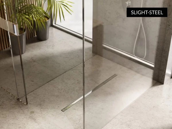 Schedline Line Plate Minimalistyczny natrysk walk in z wąskim stalowym odpływem Schedline Slim z pełną maskownicą