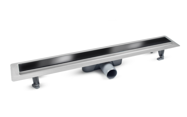 Odpływ liniowy Besco Virgo Black Glass z niskim syfonem i regulowanymi nóżkami