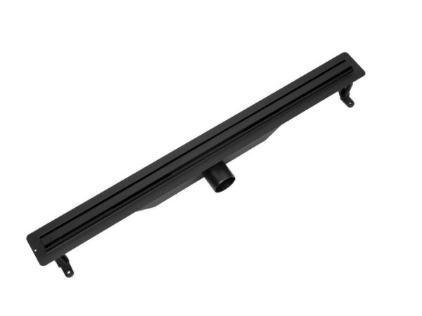 Czarny odpływ prysznicowy VOGI Ultra Slim ujęcie pod skosem na białym tle
