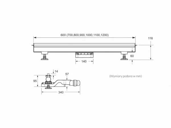 Schedline Thin Ultra Slim Rysunek techniczny i schemat wymiarowy aluminiowego odpływu szczelinowego Schedline Thin Line – specyfikacja montażowa ełazienka24.