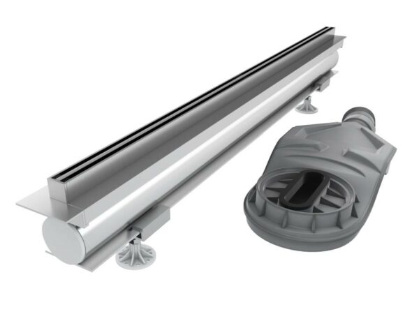 Schedline Thin Ultra Slim Srebrny aluminiowy odpływ szczelinowy Schedline Thin Line z syfonem na białym tle – oferta ełazienka24.
