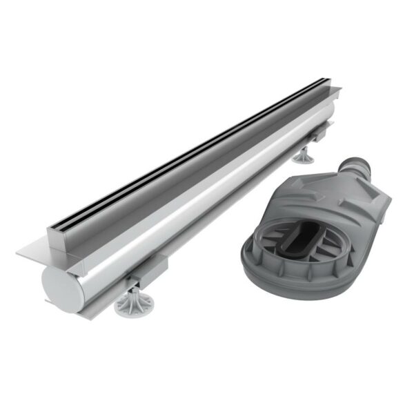 Srebrny aluminiowy odpływ szczelinowy Schedline Thin Line z syfonem na białym tle – oferta ełazienka24.