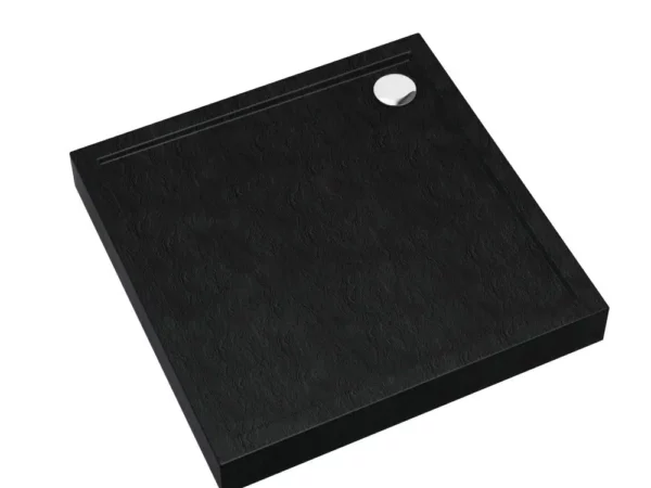 Czarny matowy brodzik kwadratowy Schedline Cameron Black Stone o chropowatej strukturze kamienia z systemem Stabilsound Plus.