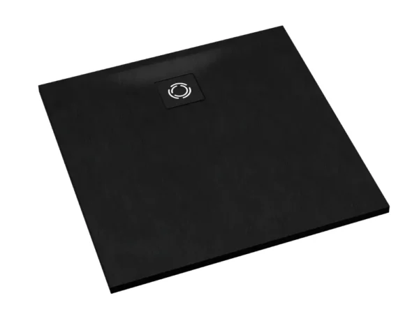 Kwadratowy brodzik kompozytowy Schedline Magnific Black Stone o strukturze czarnego kamienia na białym tle.