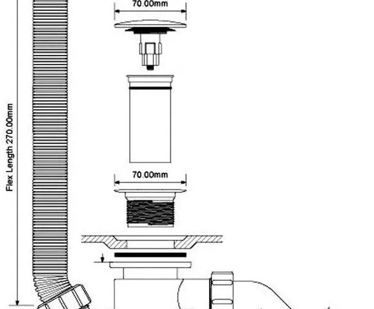 Rysunek techniczny białego syfonu wannowego McAlpine HC2600CL, przedstawiający szczegółowe wymiary poszczególnych elementów, takich jak średnica korka klik-klak wynosząca 70 mm,