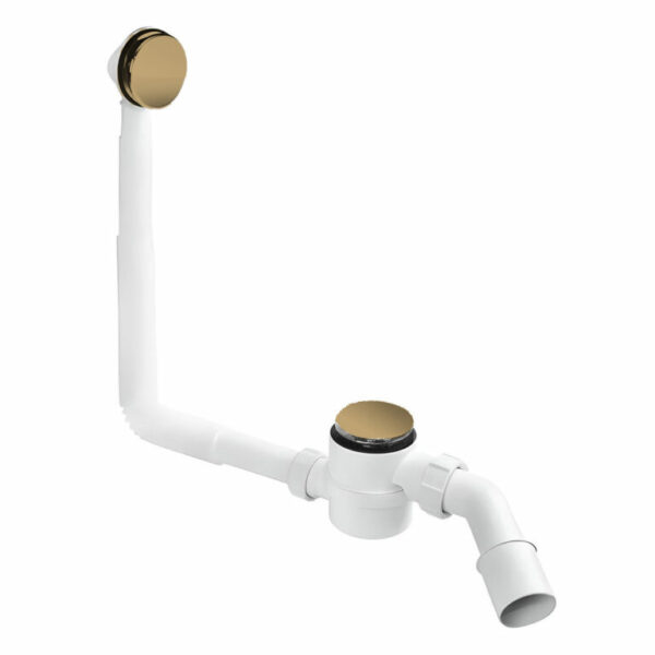 Kompletny syfon wannowy McAlpine z mosiężnym korkiem klik-klak w kolorze antycznego brązu i białą rurą przelewową.