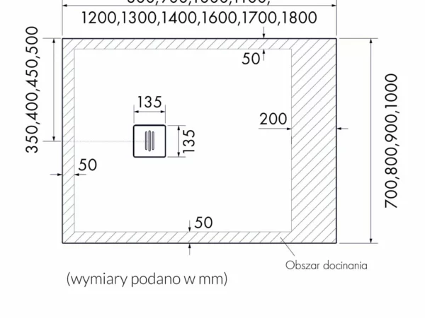 Schedline Protos Brodzik Prostokątny Szary Kamień Schedline Protos rysunek techniczny brodzika prostokątnego z odpływem na środku boku.