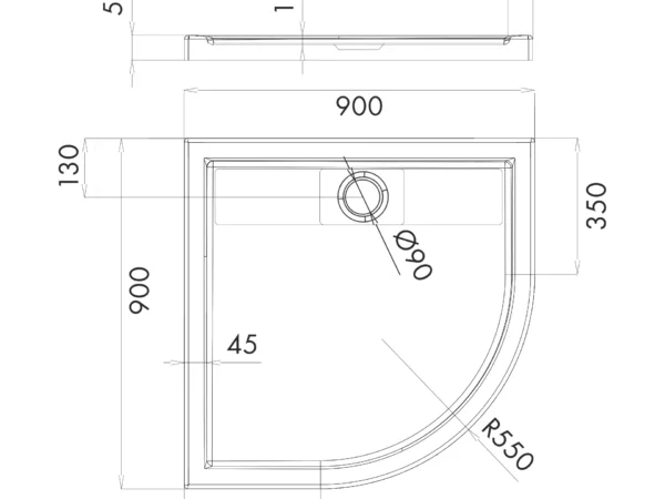 Rysunek techniczny i schemat wymiarowy półokrągłego brodzika Schedline Charis 90x90 cm z promieniem łuku R55.