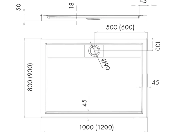 Rysunek techniczny i schemat wymiarowy prostokątnego brodzika Schedline Charis 80x100 oraz 90x120 cm