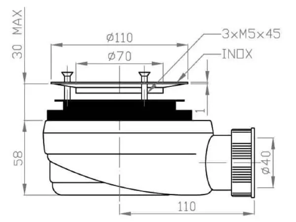 Rysunek techniczny i schemat montażowy syfonu brodzikowego Schedline McAlpine ø90mm SDB90PS