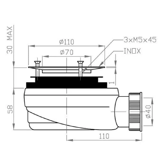 McAlpine Syfon brodzikowy 90 Rysunek techniczny i schemat montażowy syfonu brodzikowego Schedline McAlpine ø90mm SDB90PS