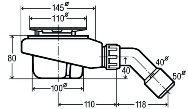 Rysunek techniczny i schemat wymiarów syfonu brodzikowego Schedline McAlpine ø90mm SDB90VKO