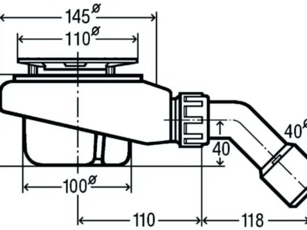 Rysunek techniczny i schemat wymiarów syfonu brodzikowego Schedline McAlpine ø90mm SDB90VKO