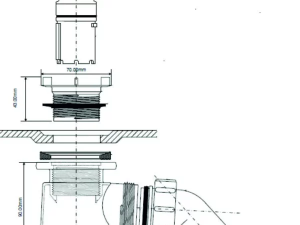 Rysunek techniczny i wymiary montażowe syfonu brodzikowego Schedline McAlpine ø52mm SDB52M