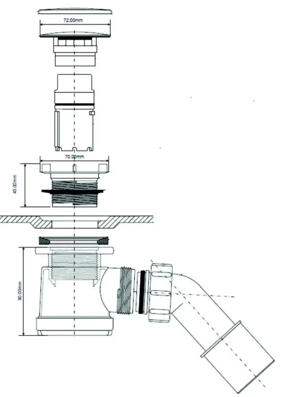 Rysunek techniczny i wymiary montażowe syfonu brodzikowego Schedline McAlpine ø52mm SDB52M