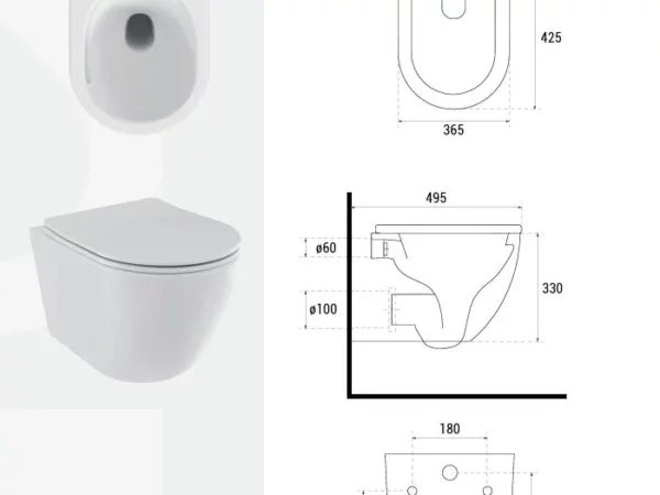 Rysunek techniczny i schemat wymiarowy krótkiej podwieszanej miski WC Besco Aspen w kolorze białym.