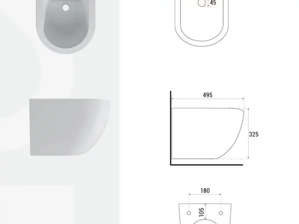 Bidet Besco Aspen White Rysunek techniczny i schemat instalacyjny krótkiego bidetu wiszącego Besco Aspen o długości 495 mm.
