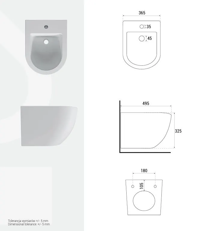 Bidet Besco Aspen White Rysunek techniczny i schemat instalacyjny krótkiego bidetu wiszącego Besco Aspen o długości 495 mm.