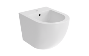 Bidet Besco Aspen White Podwieszany bidet Besco Aspen biały połysk z otworem na armaturę, ujęcie z boku pod kątem.