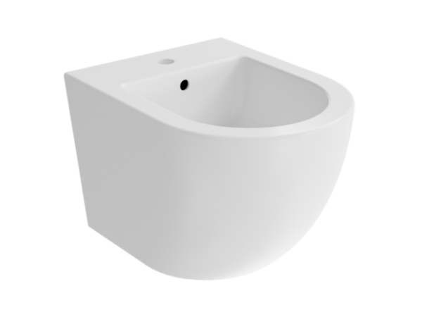 Podwieszany bidet Besco Aspen biały połysk z otworem na armaturę, ujęcie z boku pod kątem.