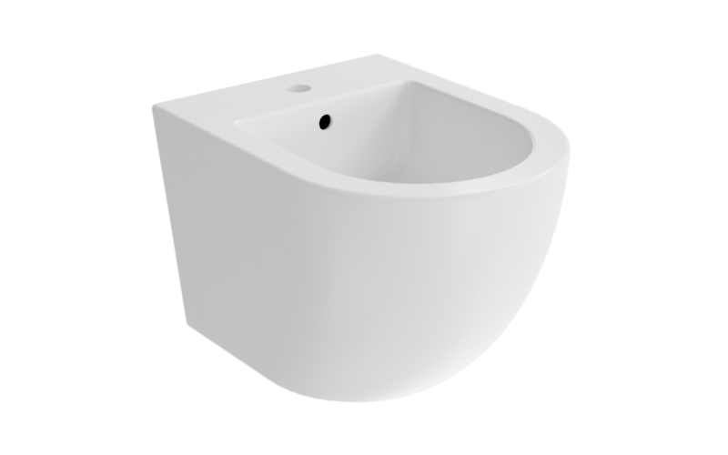 Bidet Besco Aspen White Podwieszany bidet Besco Aspen biały połysk z otworem na armaturę, ujęcie z boku pod kątem.