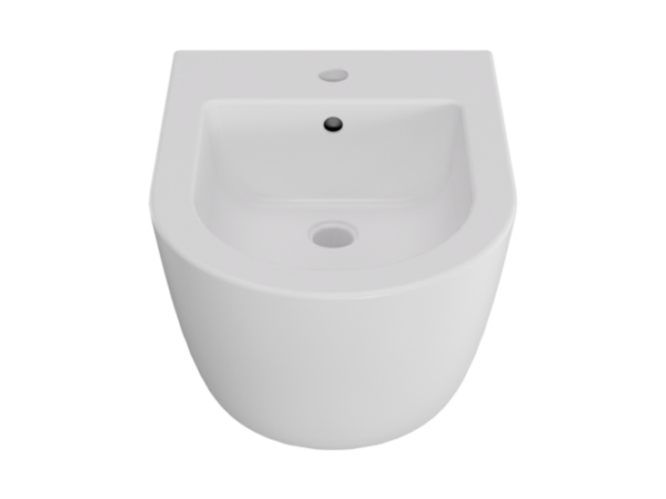 Bidet Besco Aspen White Krótki wiszący bidet ceramiczny Besco Aspen White, widok bezpośrednio od przodu na transparentnym tle.