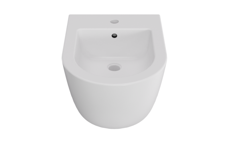 Bidet Besco Aspen White Krótki wiszący bidet ceramiczny Besco Aspen White, widok bezpośrednio od przodu na transparentnym tle.