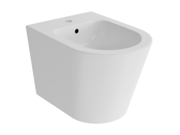 Podwieszany bidet Besco Laax biały, widok z profilu pod kątem ukazujący opływową konstrukcję.