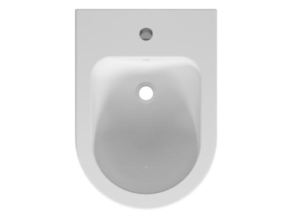 Podwieszany bidet ceramiczny Besco Laax w kolorze białym, widok bezpośrednio od góry na wnętrze misy.