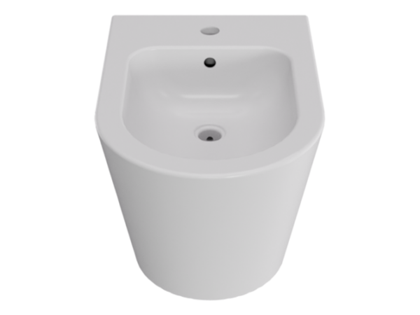 Wiszący biały bidet Besco Laax z otworem na baterię, ujęcie od przodu na transparentnym tle.