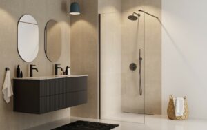 Nowoczesna kabina prysznicowa typu Walk-in z czarnym profilem Besco w minimalistycznej łazience z podwójną umywalką i owalnymi lustrami.