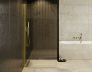 złota ścianka prysznicowa walk-in besco eco-n gold w eleganckiej łazience