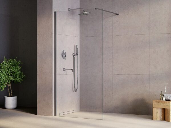 kabina prysznicowa walk-in besco exo-n gun metal w nowoczesnej łazience