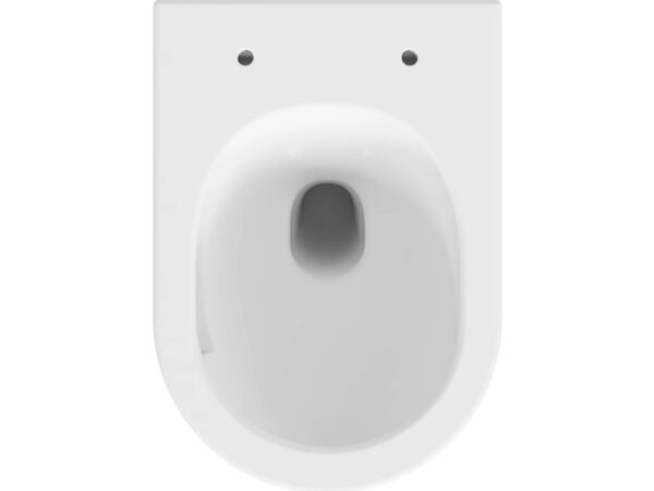Miska WC Besco Laax White Bezrantowa miska WC Besco w kolorze białym, widok od góry pokazujący wnętrze misy.