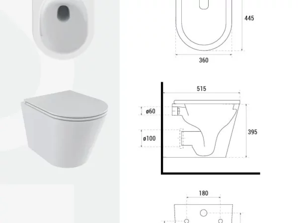 Rysunek techniczny i rzuty wymiarowe podwieszanej miski WC Besco Laax Ergo z deską.