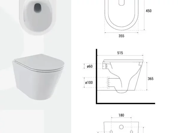 Miska WC Besco Laax White Rysunek techniczny i schemat wymiarowy białej podwieszanej miski WC Besco Toax na białym tle.