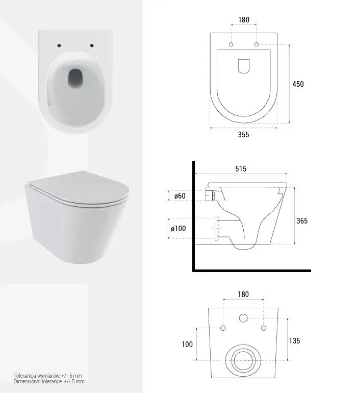 Miska WC Besco Laax White Rysunek techniczny i schemat wymiarowy białej podwieszanej miski WC Besco Toax na białym tle.
