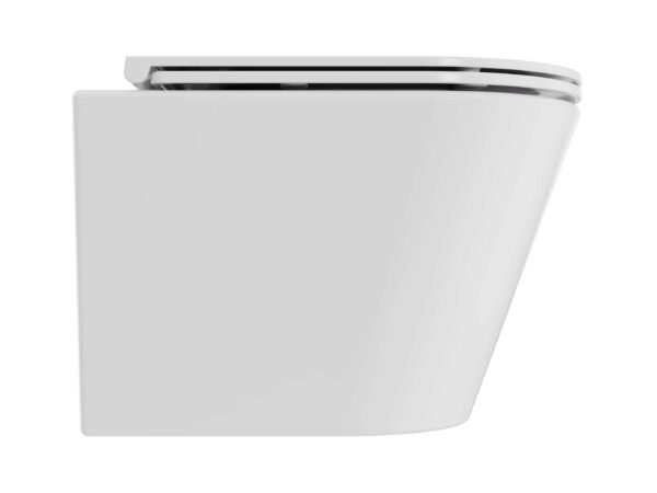 Miska WC Besco Laax White Widok z boku na białą wiszącą miskę WC Besco Laax zaprezentowaną na czystym białym tle.