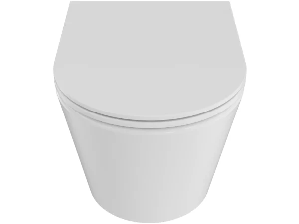 Miska WC Besco Laax White Śnieżnobiała wisząca miska WC Besco Laax pokazana od przodu na jasnym tle.