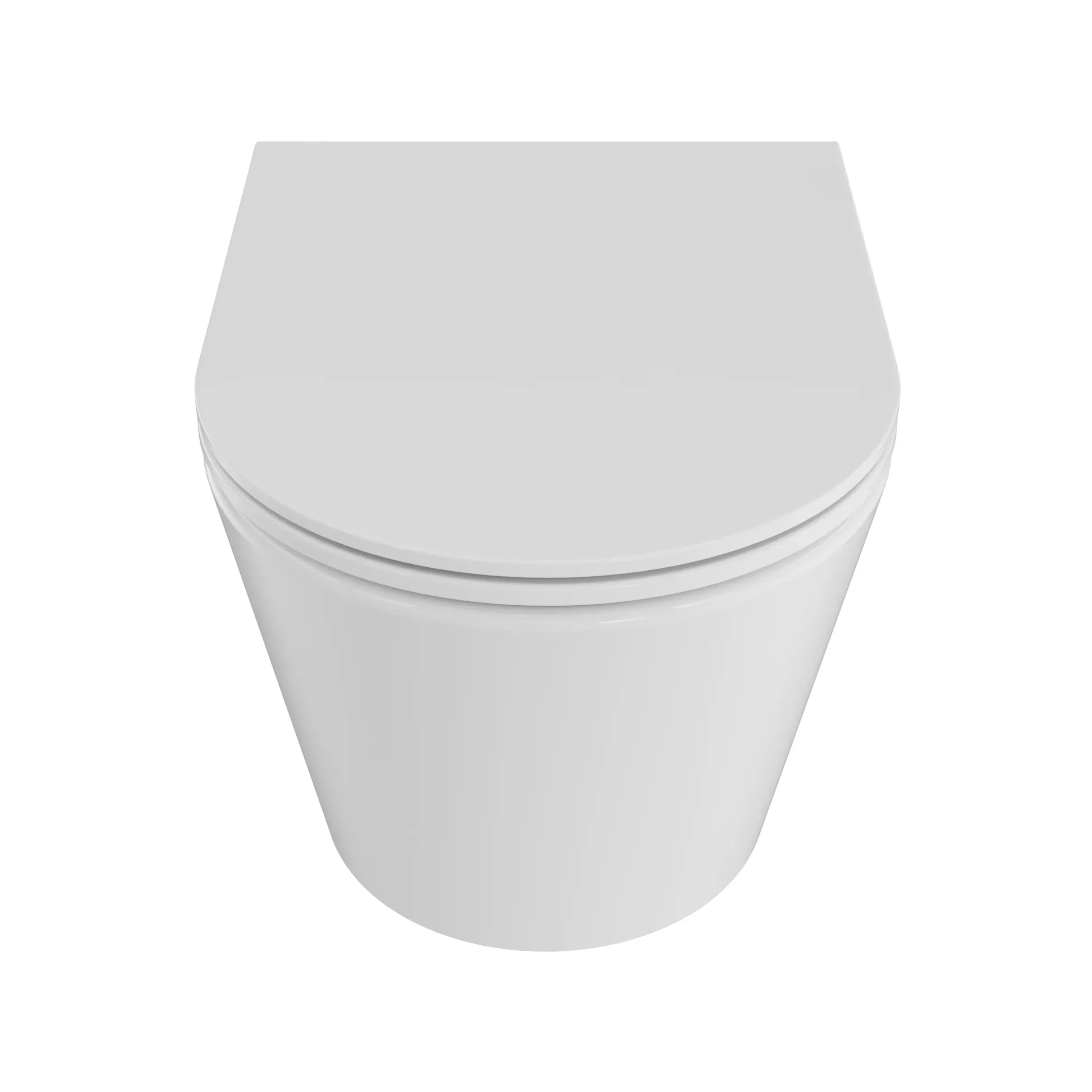 Miska WC Besco Laax White Śnieżnobiała wisząca miska WC Besco Laax pokazana od przodu na jasnym tle.