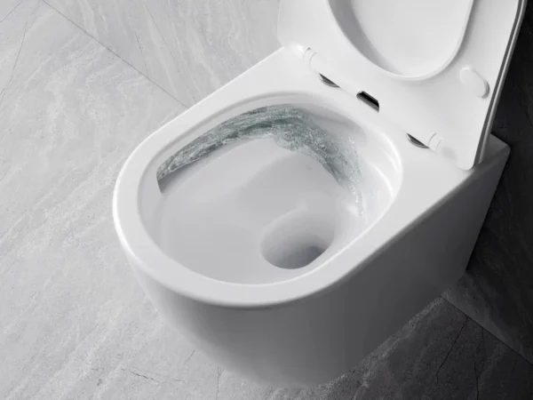 Miska WC Besco Laax White Podwieszana miska WC Besco w kolorze białym z otwartą, wolnoopadającą deską podczas spłukiwania wody.