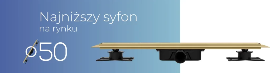Klasyczny odpływ liniowy VOGI Premium z najniższym syfonem fi 50 na rynku.