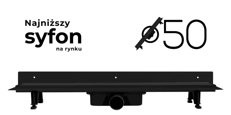 Czarny odpływ przyścienny VOGI Standard ST z najniższym syfonem na rynku.